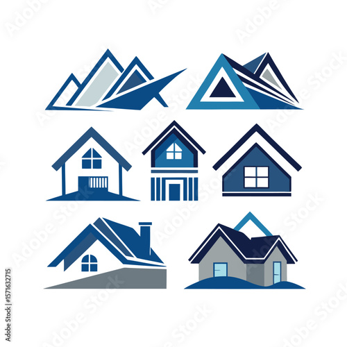 Collection of modern geometric house and mountain logos in blue and gray tones isolated on white background