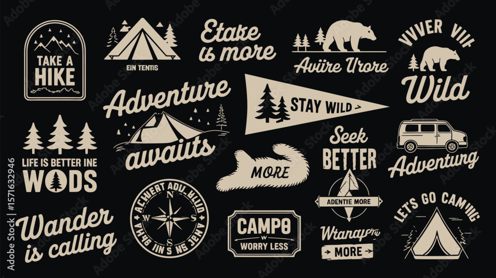 Fototapeta premium Outdoor adventure badge set with camping quotes and forest illustrations. Perfect for t-shirt designs, stickers, travel gear, or hiking-themed merchandise