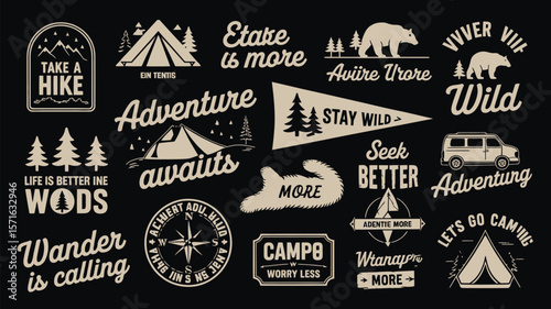 Outdoor adventure badge set with camping quotes and forest illustrations. Perfect for t-shirt designs, stickers, travel gear, or hiking-themed merchandise