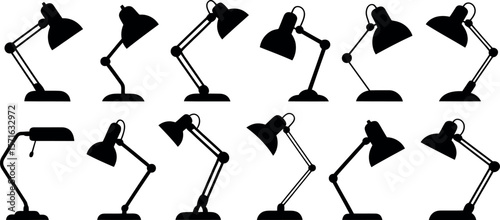 Twelve Adjustable Desk Lamps: Black Silhouette Icons, Various Angles