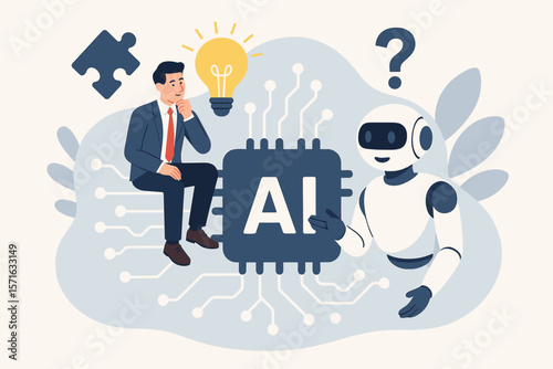 AI helping businessman solve problem. Artificial intelligence robot support concept for innovation, idea development, solution finding, and business automation with a lightbulb.