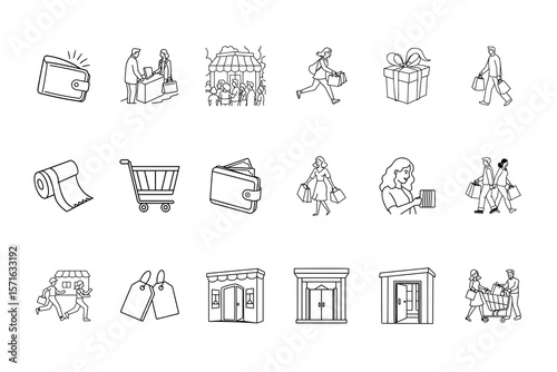 Shopping icons depicting wallets people stores gift boxes shopping carts tags retail