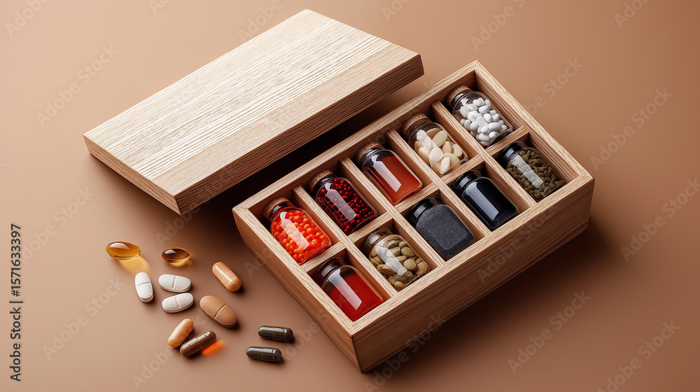 custom made wallpaper toronto digitalWooden box with various traditional herbal medicine capsules and powders in separate compartments, natural remedy background