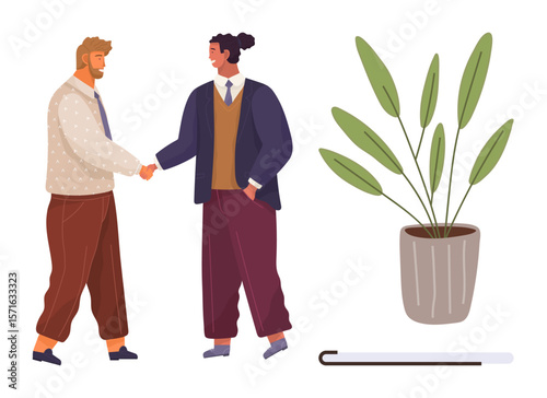 Two men greet with a handshake, standing beside a potted plant and a white cane. Ideal for teamwork, partnership, diversity, inclusion, accessibility, community building cooperation. Simple flat