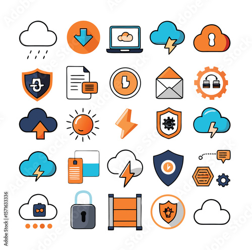 Collection of thirty diverse cloud illustrations and icons for sky themed designs isolated on white background