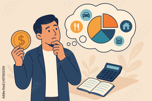 Budget planning and financial management concept. Man thinking about allocating expenses and savings. Personal finance, income, cost, payment, accounting vector illustration.