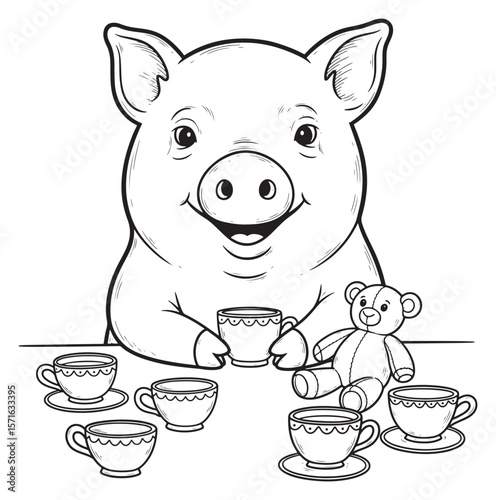 Pig having a tea party with a teddy bear coloring page