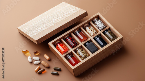 Wooden box with various traditional herbal medicine capsules and powders in separate compartments, natural remedy background