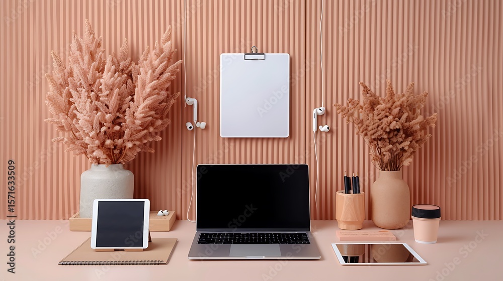 custom made wallpaper toronto digitalOnline learning setup with laptop, wireless earphones, tablet, and virtual whiteboard in a cozy study room.
