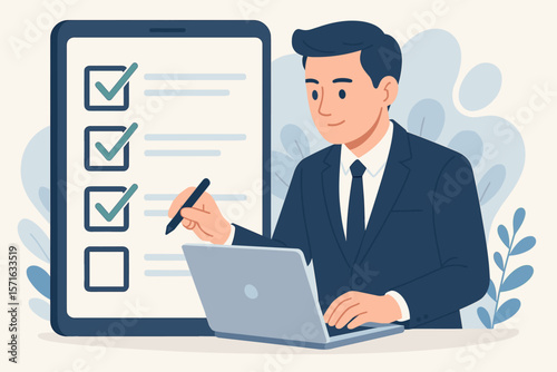 Business performance checklist. Businessman using laptop for online survey. Man filling out digital form, questionnaire, or assessment on a tablet. Task management concept vector.