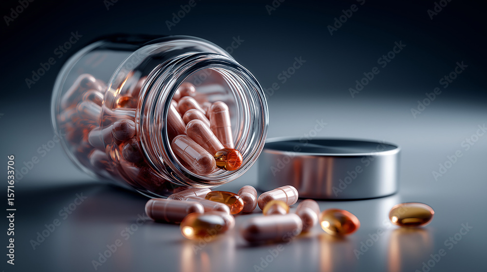 custom made wallpaper toronto digitalPharmaceutical concept with open jar of beige medical capsules scattered on clean white background