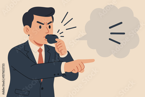 Whistleblower concept. Businessman blowing whistle and pointing to report corporate misconduct. Exposing illegal activity, fraud, and corruption. Disclosure of information.