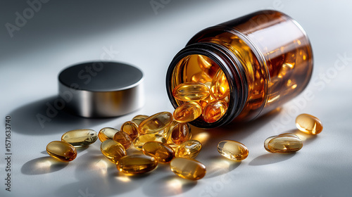 Close-up of amber softgel omega-3 fish oil capsules pouring from brown bottle on glossy surface