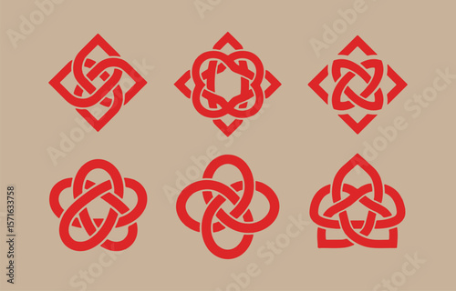 Collection of six intricate red celtic knot designs on a textured beige background