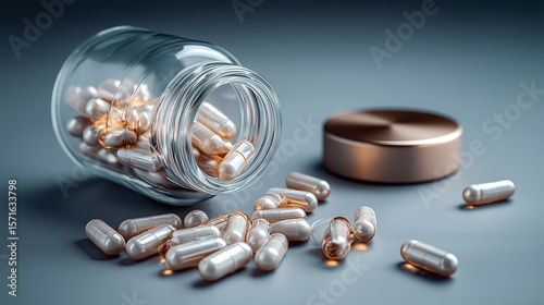 Glass jar with white and beige dietary supplement capsules spilled on white table, minimalistic pharmacy concept background