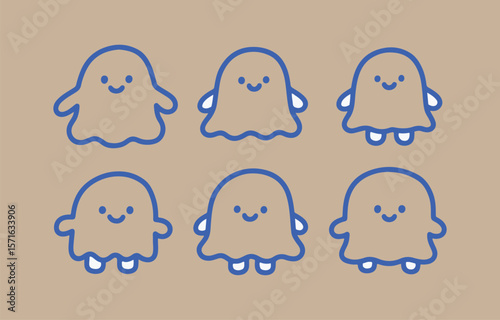 Cute cartoon ghosts with blue outlines and smiling faces on a beige background