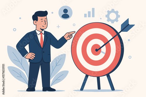 Businessman points at a target with an arrow hitting the bullseye. Business goal, success, achievement, and strategy concept. Marketing objective, mission, focus, and vision.