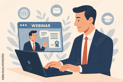 Online education and webinar concept with businessman at laptop. E-learning, business training, webcast, professional development, remote communication, and virtual meeting.