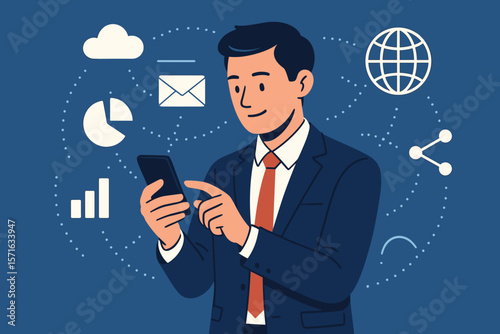 Businessman using mobile smart phone for global internet connection. Business application technology for digital marketing, finance, and banking. Digital network and data analysis.