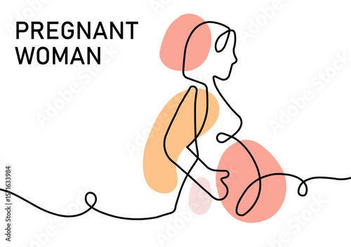 A minimalist line drawing of a pregnant woman featuring modern abstract shapes and neutral tones. Represents motherhood, maternity, and health, designed in a contemporary artistic style.