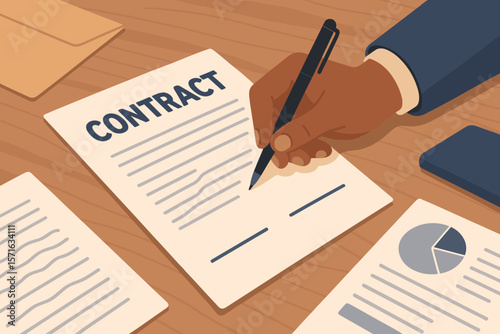 Businessman hand signing contract document with a pen at the office desk. Conclusion of agreement, financial deal, partnership concept. Signature on legal paperwork for loan.