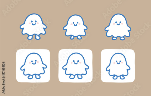 Three cute blue outlined ghosts with pink cheeks and smiling faces arranged in a row