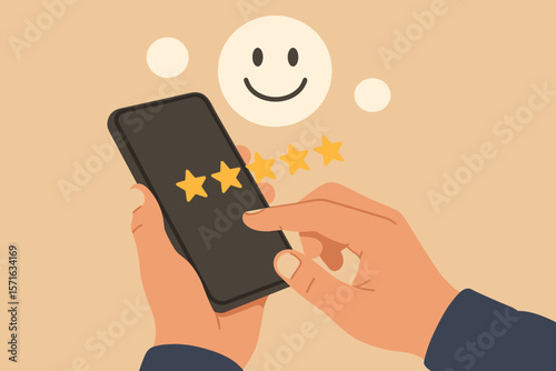 Man's hand using a smartphone to give a five star rating. Happy smile face for feedback, review, and satisfaction. Customer service experience and business concept illustration.