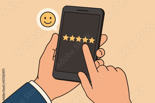 Man gives a five-star rating on a smartphone. Customer satisfaction, positive feedback, and excellent service review concept. Happy client experience for business success.
