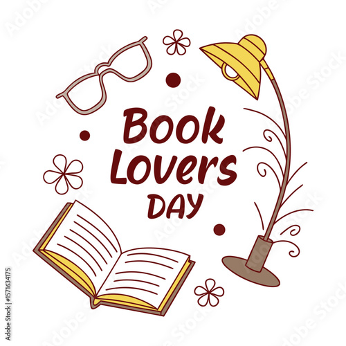 Book lovers day celebration with open book glasses and desk lamp illustration