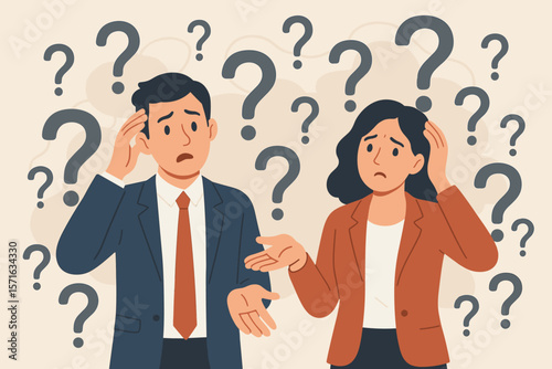 Confused business people with a problem or doubt. Businessman and businesswoman lost in complexity, surrounded by question marks. Misunderstanding and trouble concept. FAQ.