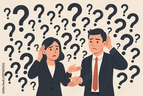 Confused business team with question marks. Businessman and businesswoman feeling doubt and uncertainty. Concept of a complex problem, misunderstanding, trouble, seeking a solution.
