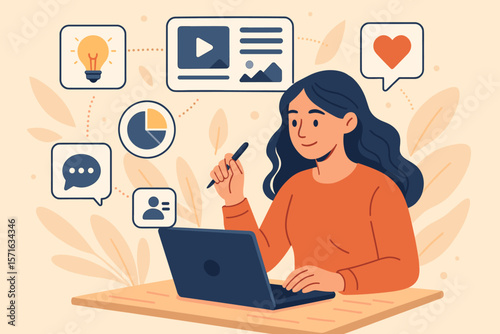 Content strategy for digital marketing concept. Woman planning social media engagement on laptop. Online advertising, storytelling, audience analysis, and influencer marketing.