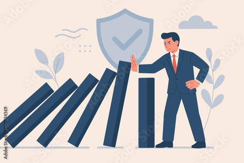 Businessman stops the domino effect. Risk management and crisis control concept. Investment protection, failure prevention and insurance solution. Business security metaphor.