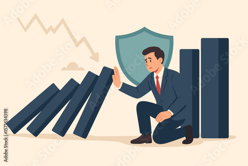 Control risk in investment crisis. Failure prevention, stop domino effect. Protection, security or insurance concept. Businessman solution to financial problem, uncertainty.