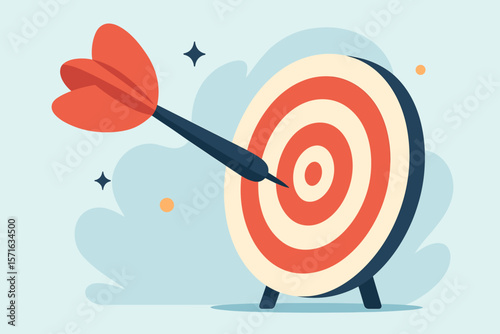Dart hits the bullseye. Business success concept. Reaching a goal, hitting the target. Marketing strategy, objective achievement, accuracy and precision. Flat vector illustration.
