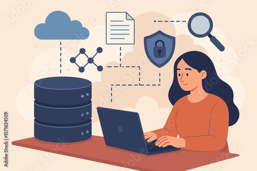 Database administration concept. Woman working with laptop. Cloud computing technology. Data network management. Server storage. Cybersecurity. File document archive. Search.