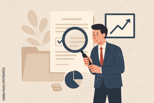 Businessman checking document with magnifying glass. Financial analysis, contract validation, and budget audit concept. Manager reviewing report for business growth and research.