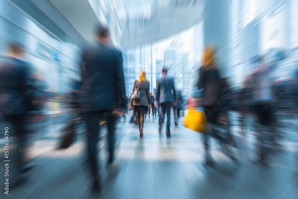 Fototapeta premium Dynamic motion blur captures busy urban crowd of professionals in office attire commuting through a corporate environment during daylight