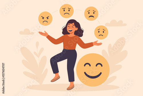 Emotional intelligence, controlling feelings. Psychology of success and balance. Woman juggles anxiety, sadness with happiness. Mental health, mood regulation, positive mindset.