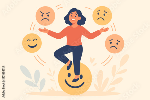 Emotional intelligence and psychology concept. Woman controls feelings, balancing on a happy emoji while juggling sad and angry faces. Mental health and emotional balance vector.