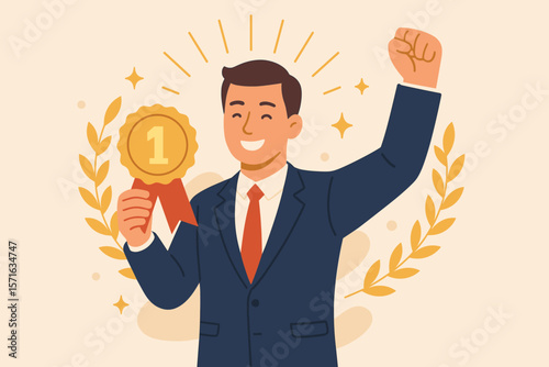 Businessman celebrating victory with number one gold medal, employee of the month award, leadership achievement, success recognition, champion performance, career winner