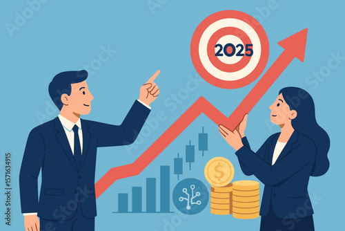 Business Growth Target 2025, Success Strategy, Teamwork, Stock Market Investment, Digital Assets, Finance Technology, Arrow Up, Profit, Goal Achievement, Money, Data Analysis