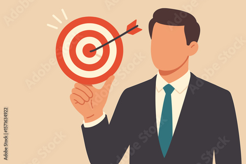 Businessman holding target bullseye with arrow, concept of goal achievement, focus, precision, success, leadership, objective, motivation, aspiration, business challenge