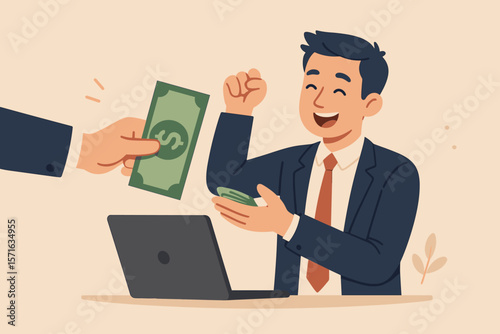 Happy businessman getting paid cash. Salary payment, wages or bonus concept. Employee receiving reward or benefits. Financial success, investment profit or tax refund earning.