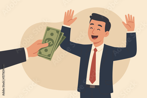 Businessman Receiving Cash Payment Illustration. Salary, Wages, Bonus, Reward, Employee Benefits, Tax Refund, Investment Profit, Loan, Mortgage, Financial Transaction Concept