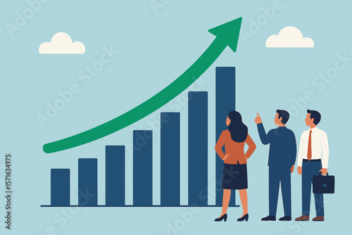 Business growth success, team achieving sales increase, profit boost, upward bar chart, progress to target, performance improvement, teamwork, leadership, corporate development