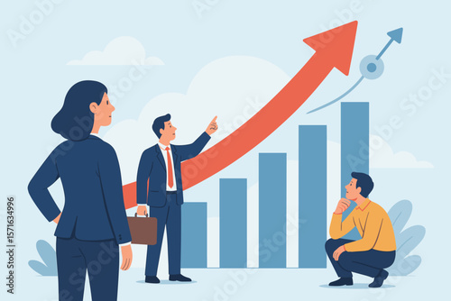 Business growth success teamwork concept. Team of professionals analyzing sales increase, profit boost, performance improvement, upward graph, achieving goals, financial progress.