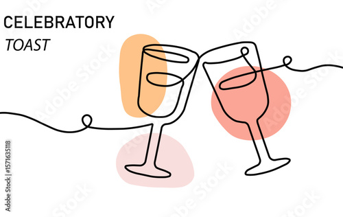 Minimal artistic illustration of two wine glasses clinking for a toast concept. An abstract continuous line technique highlights the celebratory nature, complemented with soft colored organic shapes.