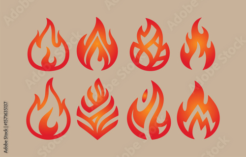 Collection of eight stylized flame icons with red and orange gradient colors on a neutral background