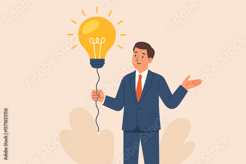 Businessman holding glowing lightbulb balloon symbolizing innovative ideas, creative solutions, helpful business tips, advice, success strategies, improvement, smart leadership concept